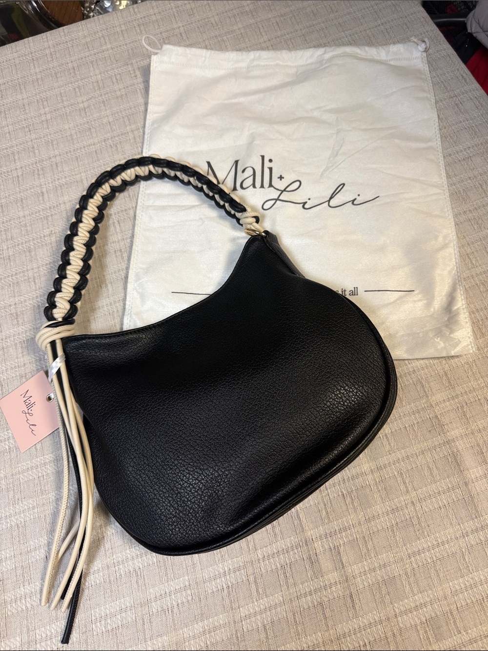 Mali + Lili Black Leather Shoulder Bag with Braided Contrast Handle